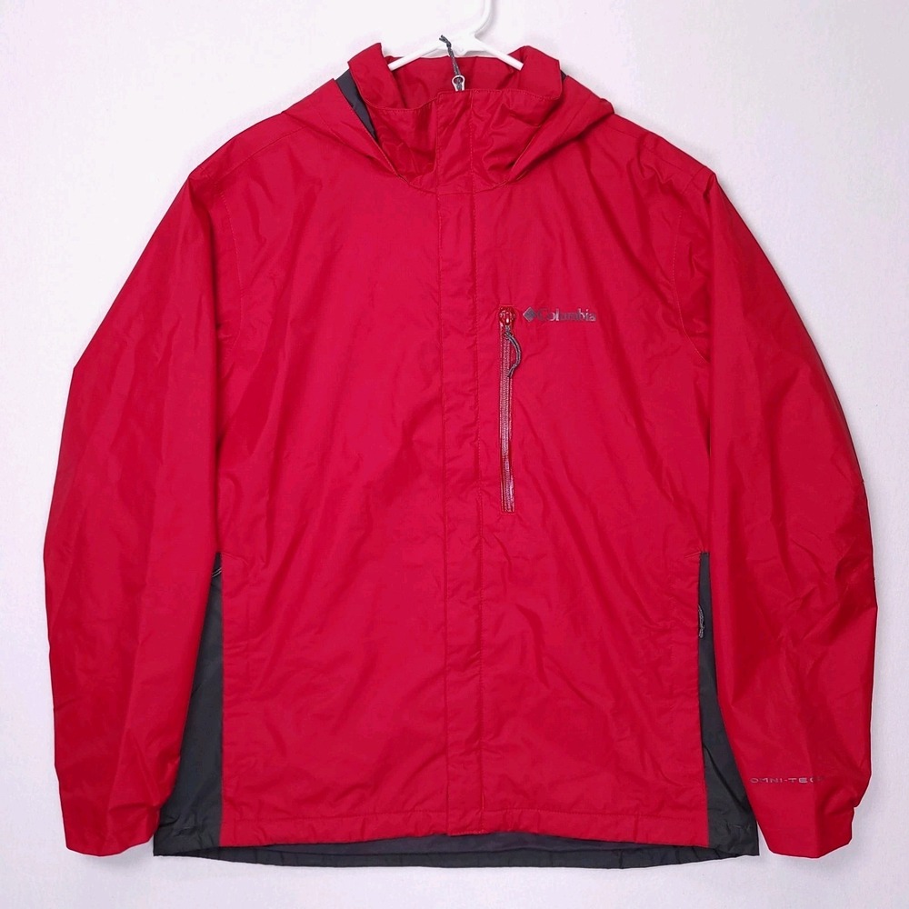 Columbia Omni-Tech Rain Jacket Mens Large Red Gray Waterproof Hooded XM0776